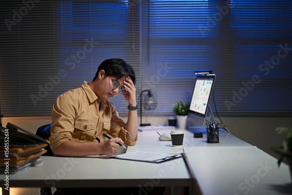 Fototapeta Tired employee holding his head in frustration while reviewing documents late at night in an office