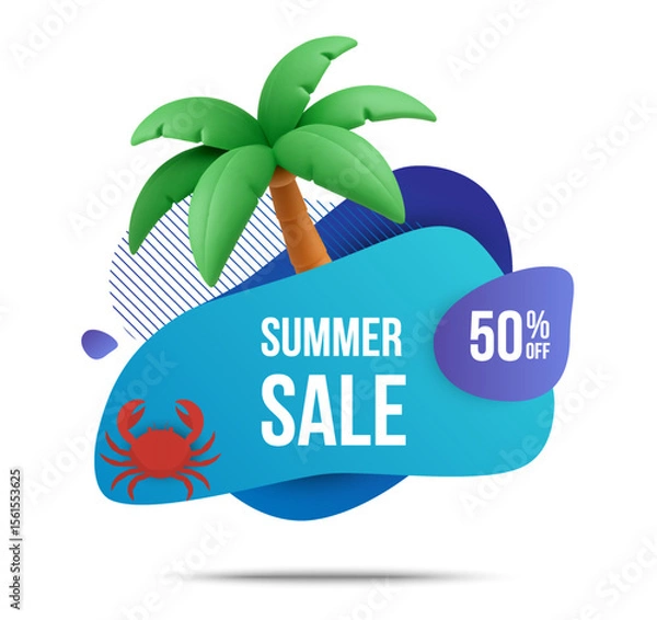 Fototapeta 3d summer sale label or bag with coconut or palm tree and crab icon, isolated on white background. Summer sale banner tag in 3d vector. Vector illustration