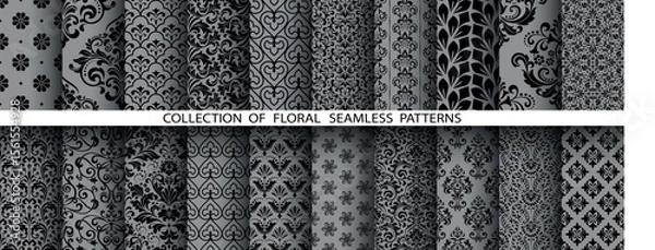 Obraz Geometric floral set of seamless patterns. Gray and black vector backgrounds. Damask graphic ornaments