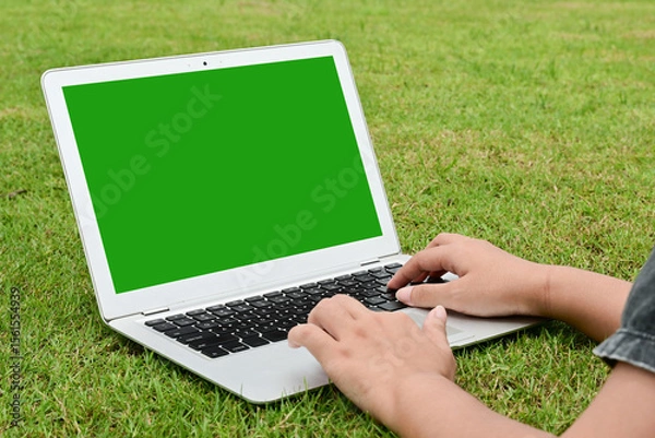Obraz A person is typing on a laptop in a grassy field. The laptop screen is green, and the person is using a keyboard.