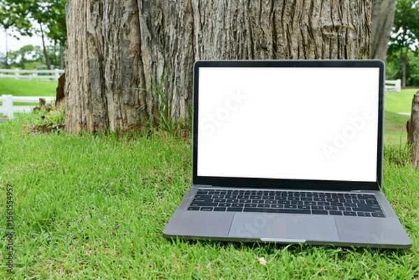 Obraz A laptop is sitting on the grass next to a tree. The laptop is open and the screen is blank. The scene is peaceful and serene