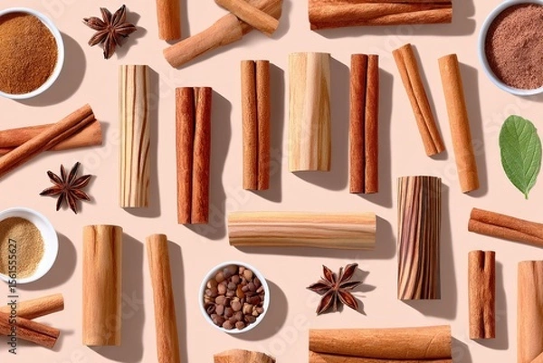 Fototapeta Cinnamon sticks arranged in seamless pattern for wallpaper 