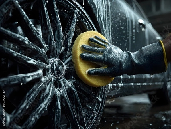 Fototapeta A gloved hand scrubs the intricate black wheel of a car with a yellow sponge, creating foamy soap suds.