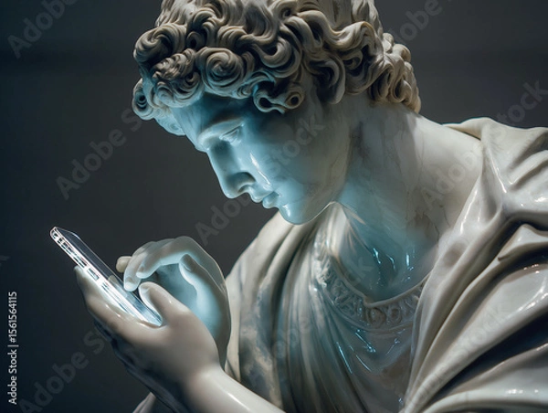 Fototapeta Marble statue of a young man with curly hair, intently using a smartphone, showcasing a blend of classical art and modern technology in a dramatic lighting setting