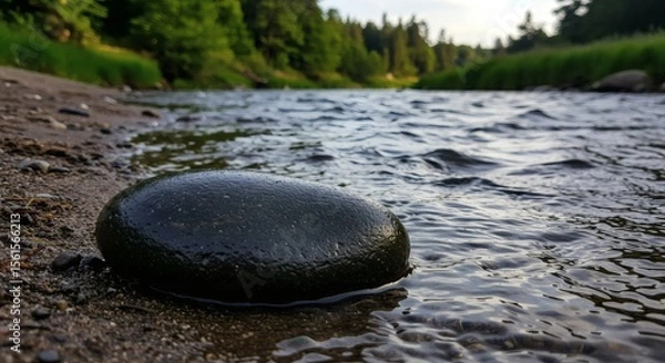 Fototapeta Serene River Scene Smooth Dark Stone in Gently Flowing Water