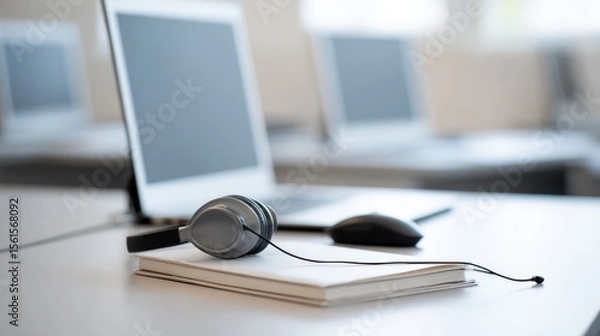 Fototapeta Modern computer workstation with headphones and notebooks in a bright office setting.