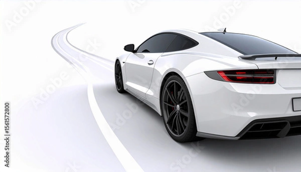 Obraz White Sports Car Driving on Curved Road Minimal Background