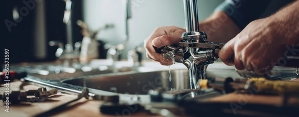 Obraz The plumber fixing a faucet in a modern kitchen sink environment