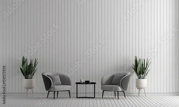 Fototapeta Modern home and minimal living room with mid century modern arm chairs set and plants and white wooden pattern wall texture background interior design. 3d rendeing
