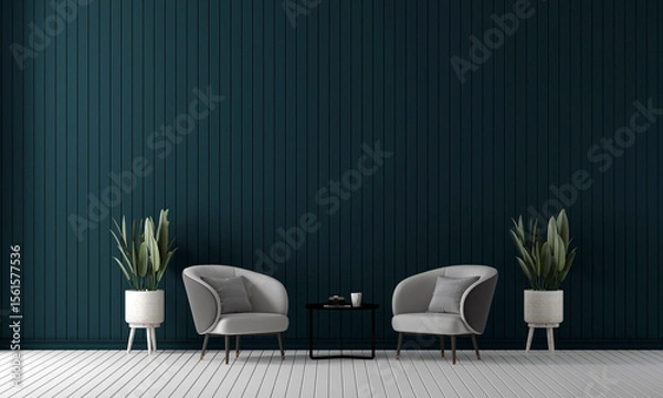 Fototapeta Modern home and minimal living room with mid century modern arm chairs set and plants and wooden pattern wall texture background interior design. 3d rendeing
