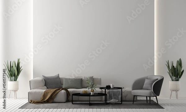 Fototapeta Modern home and minimal living room with mid century modern sofa set and plants and white empty wall texture background interior design. 3d rendeing

