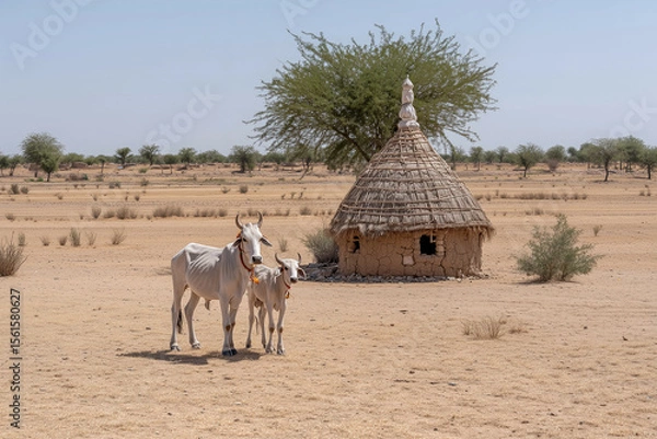 Fototapeta two white bulls standing in front of a hut with thatched roof and straw walls and a straw roof
