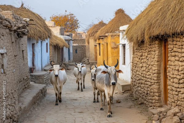 Fototapeta a group of cows walking down a street next to a stone building with thatched roof and doors and windows