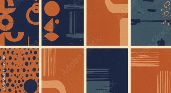 Fototapeta Abstract Geometric Patterns Navy Blue and Burnt Orange Color Palette Illustrations