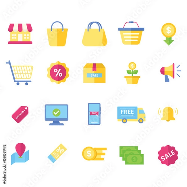 Fototapeta Flat Shopping and E-Commerce Icon Set – Colorful Vector Design for Online Store and Sale Promotion