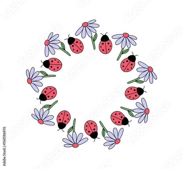 Fototapeta Frame. Wreath with flowers and insect.
