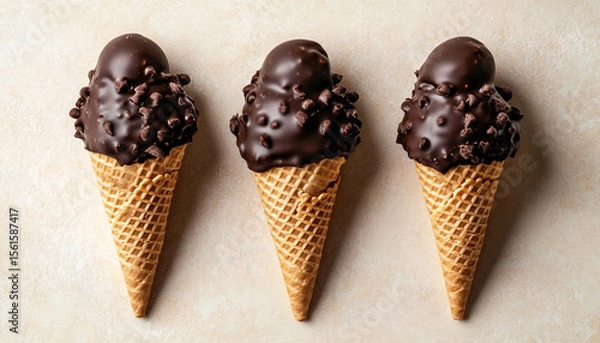 Fototapeta Three chocolate dipped waffle cones placed