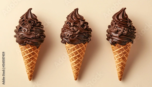 Fototapeta Three chocolate dipped waffle cones placed