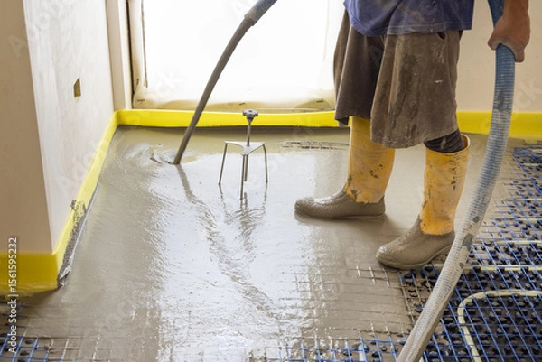 Fototapeta Man pouring concrete over floor heating installation in a new building. Modern construction system