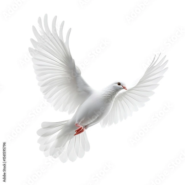 Fototapeta A white dove soars against a black backdrop its wings fully extended in flight