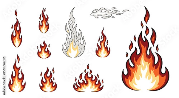 Fototapeta Collection of Stylized Flames and Fire Elements in Various Shapes and Sizes Perfect for Graphic Design Projects