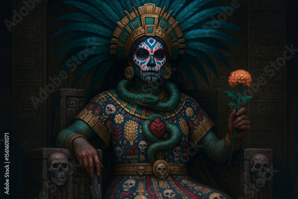 Fototapeta A majestic Aztec goddess or queen with Calavera makeup for the Day of the Dead, sitting on a throne and holding a marigold. Dark fantasy illustration.
