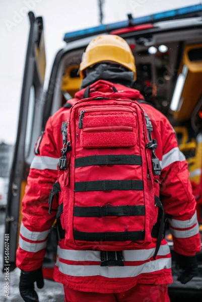 Obraz paramedical staff man holding red color backpack
