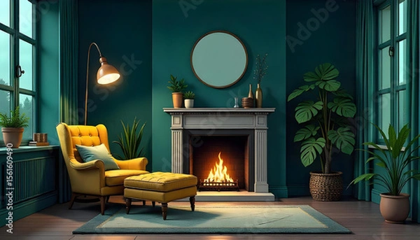 Fototapeta A Scandinavian living room with a modern twist, featuring concrete walls, a black leather sofa, and a metal coffee table. The room is decorated with abstract art and geometric patterns, and a large wi