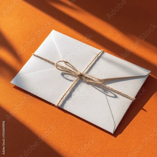 Fototapeta White envelope tied with twine on orange surface