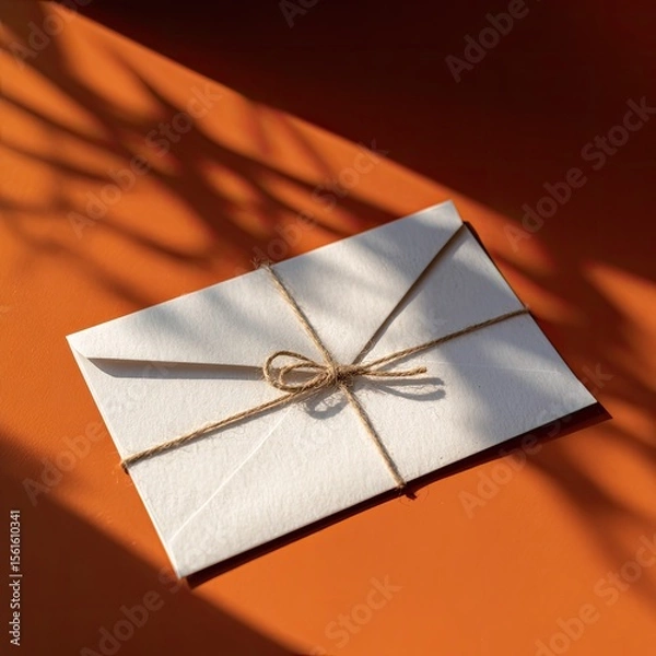 Fototapeta White envelope tied with twine on an orange background