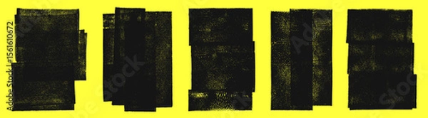 Fototapeta Grunge geometric textures set. Linocut, relief printing rectangle rough textured distressed shapes collection. Black uneven edge backgrounds, text frames. Paint roller stains, lino ink grungy remains