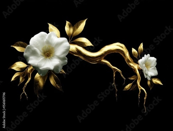 Obraz Gold leafy branch sculpture with beautiful white flowers on it, isolated on black