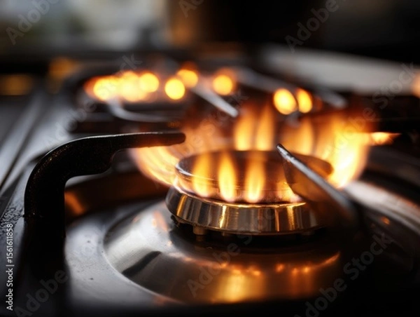 Obraz Gas stove burner is lit with a bright orange flame with moody lighting