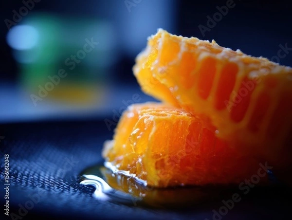 Obraz close up of two pieces of honeycomb dripping with honey on a dark surface with blurred background