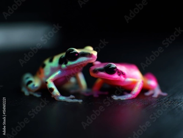 Obraz Two brightly colored frogs are isolated on black and staring at the viewer.