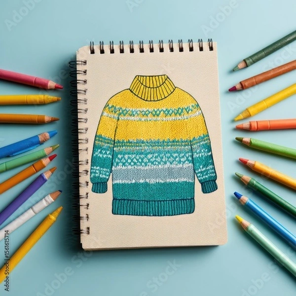 Fototapeta Drawing of a sweater on notepad with colored pencils