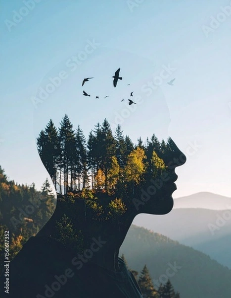 Fototapeta A calm face blending into a forest landscape with birds flying from the silhouette. Soft lighting with color popping trees