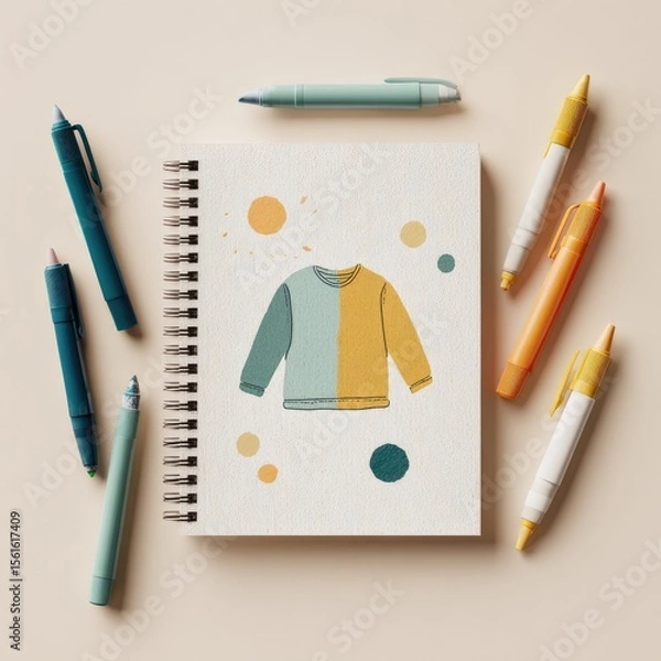 Fototapeta Notebook with colorful pens and a graphic design