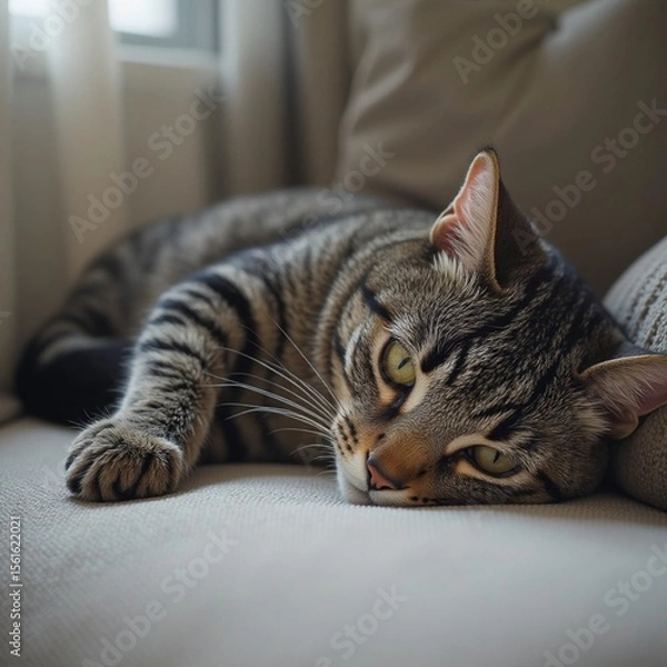 Fototapeta cat resting on the sofa AI generated
