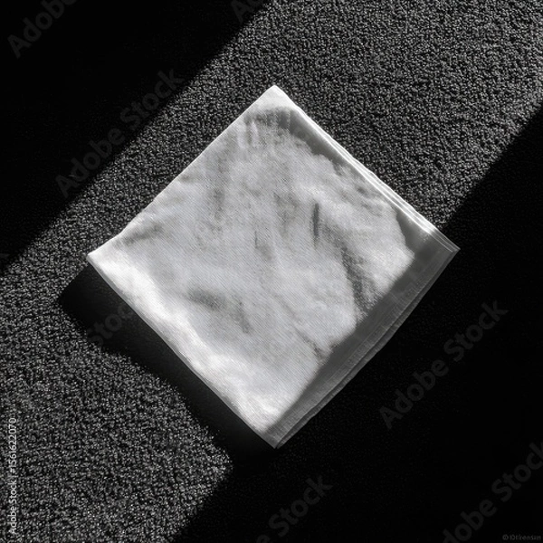 Fototapeta A white cloth, folded square, lies on a dark textured surface. Sunlight casts a diagonal shadow