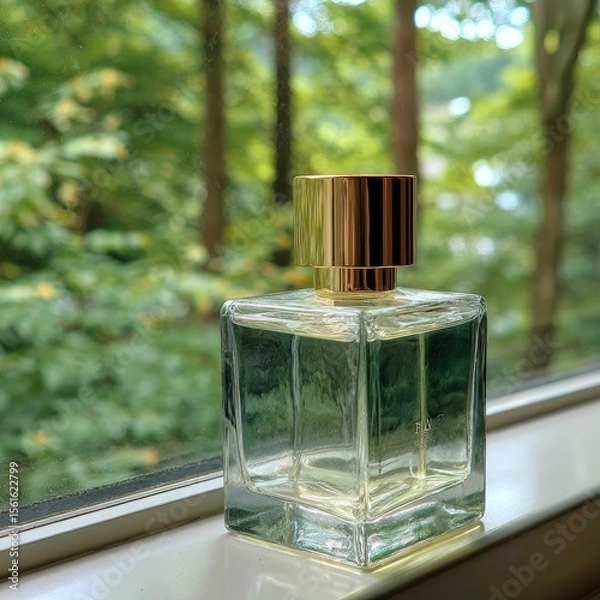 Fototapeta Clear square perfume bottle on windowsill, out-of-focus greenery