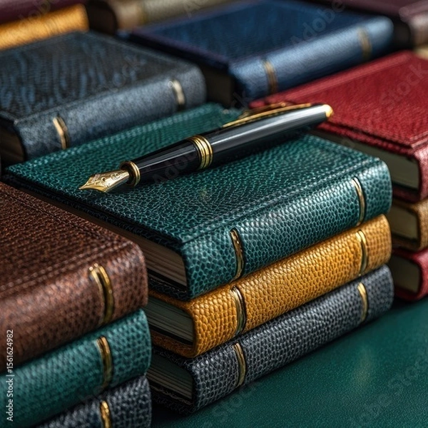 Fototapeta Stacked leather-bound notebooks and a pen