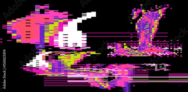 Obraz Vibrant glitch-art vector with pink, yellow, and purple blocks. Modern, trendy, digital abstract art in pixelated style. Dynamic rectangles, jagged lines, and erratic bursts dominate.