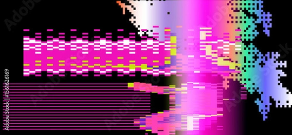 Obraz Futuristic glitch-art vector using popular digital abstract style. Neon bright pixel blocks, rectangles, and fractured lines create a dynamic, pixelated, and edgy visual effect.