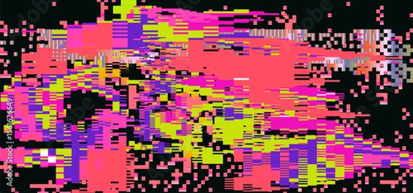 Obraz Vibrant glitch-art vector with pink, yellow, and purple blocks. Modern, trendy, digital abstract art in pixelated style. Dynamic rectangles, jagged lines, and erratic bursts dominate.