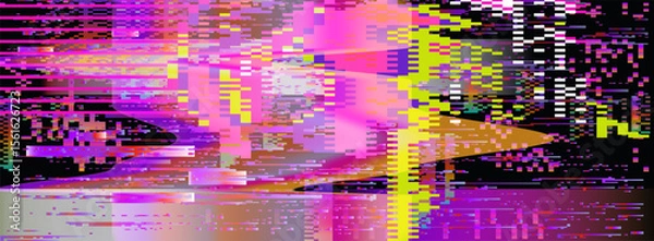 Obraz Striking vector in glitch-art style. Features neon green, pink, and yellow pixel blocks and lines. Chaotic, abstract digital look with broken, horizontal rectangles and noisy patterns.