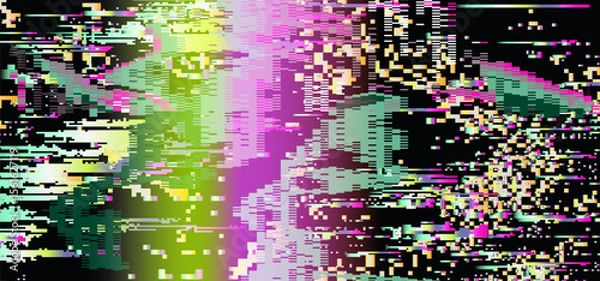Obraz Striking vector in glitch-art style. Features neon green, pink, and yellow pixel blocks and lines. Chaotic, abstract digital look with broken, horizontal rectangles and noisy patterns.