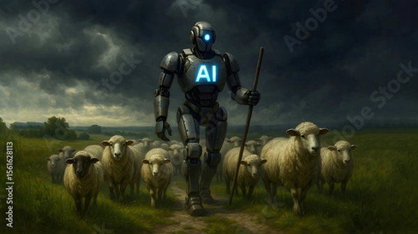 Fototapeta AI powered robot shepherd guides a flock of sheep along a grassy path under a dramatic cloudy sky