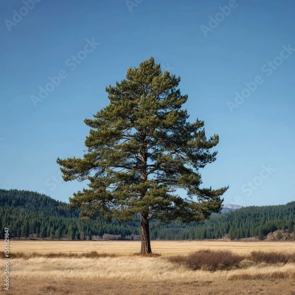 Fototapeta Solitary pine tree on a golden field under a clear sky