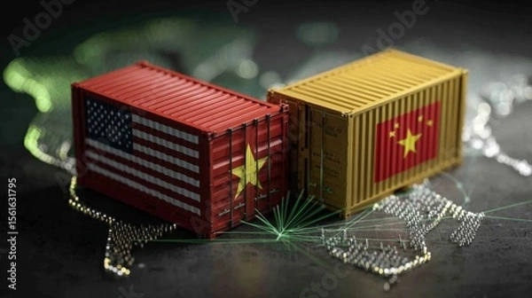 Fototapeta Two miniature shipping containers one with US flag and one with Chinese flag on world map.